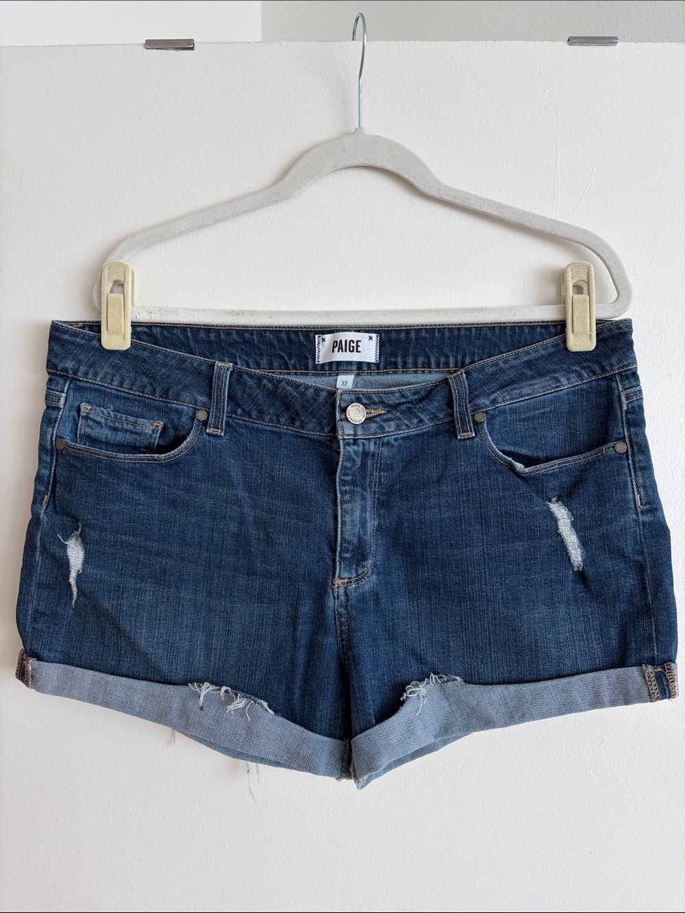 PAIGE Indigo Distressed Cuffed Denim Shorts
